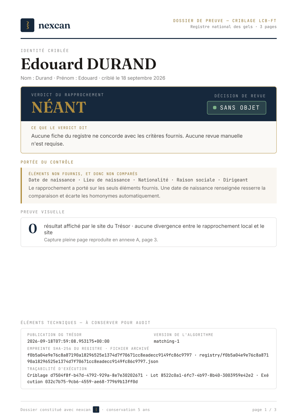 L’attestation d’une vérification sans correspondance, avec son bloc d’audit en bas de page.