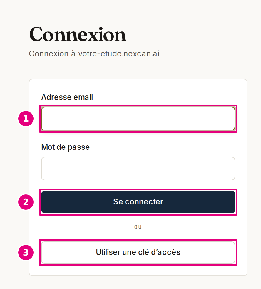 L’écran « Connexion » d’une étude : l’adresse email, le mot de passe, « Se connecter », puis « Utiliser une clé d’accès ».
