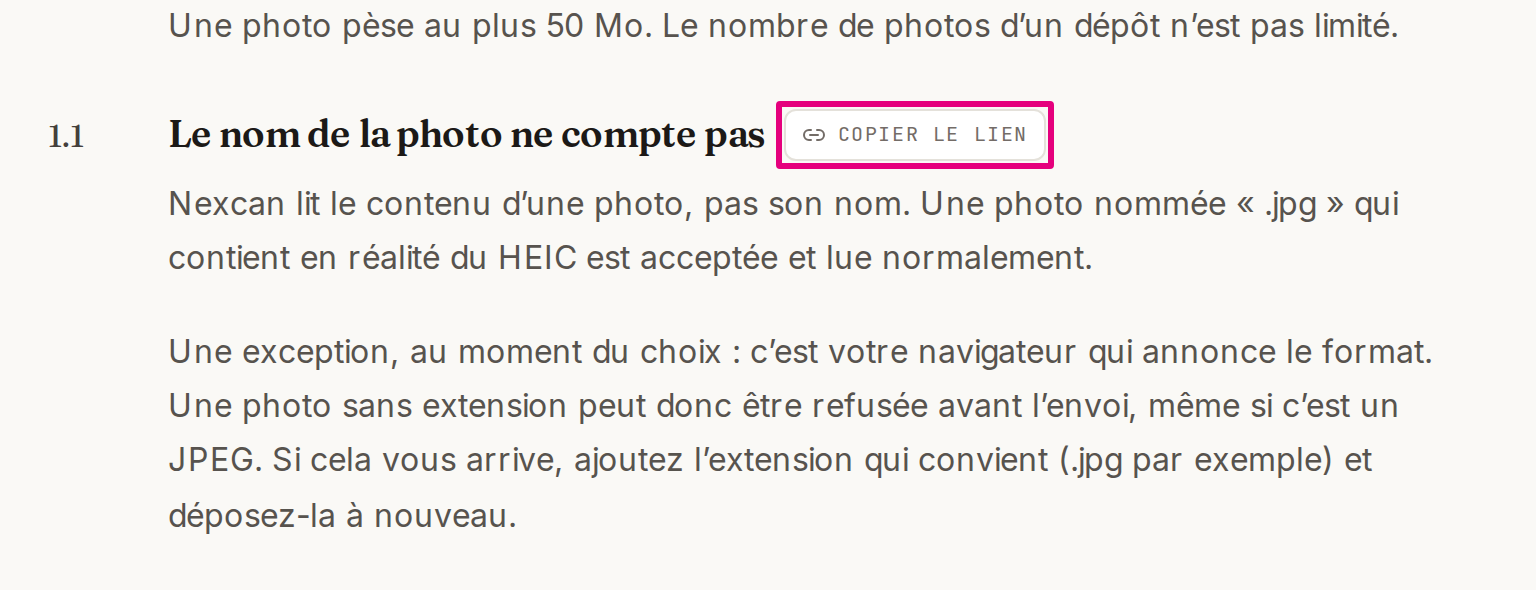 Le titre d’une sous-partie survolé : le bouton « Copier le lien » paraît à côté du titre.