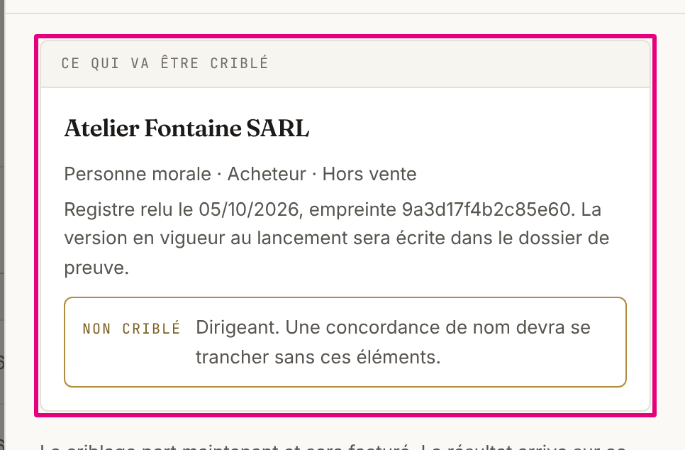 Avant l’envoi : le récapitulatif de ce qui va être vérifié, avec la version du registre.