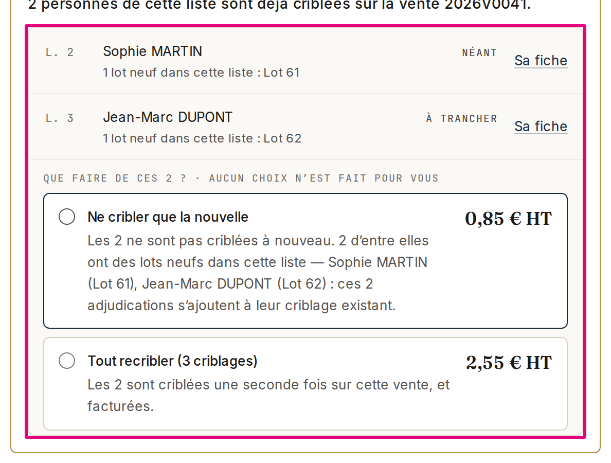 À la confirmation d’un import : « Déjà criblées sur cette vente », chaque personne avec son état et « Sa fiche », puis le choix « Ne cribler que les nouvelles » ou « Tout recribler ».
