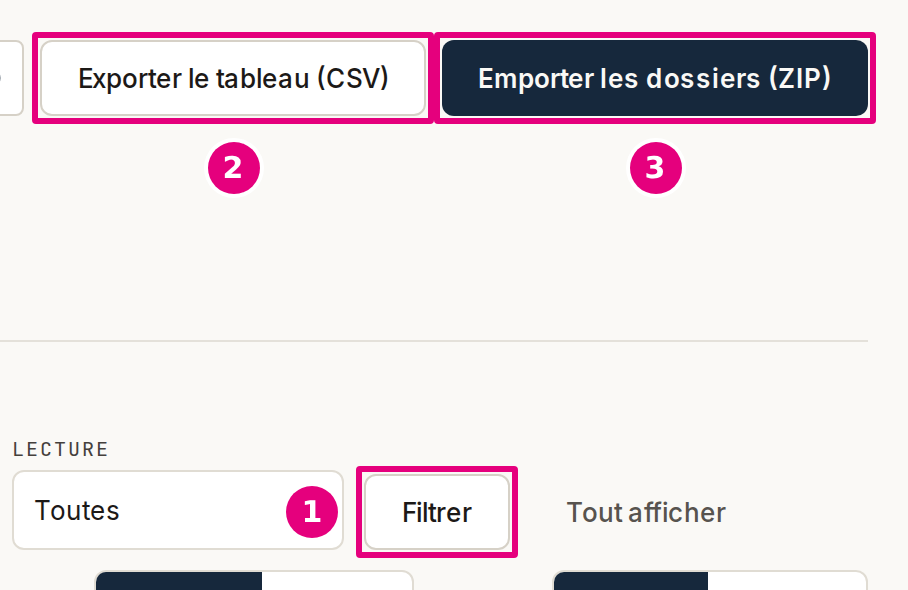 Le journal des vérifications : la barre de filtres, l’export du tableau et l’export des dossiers.