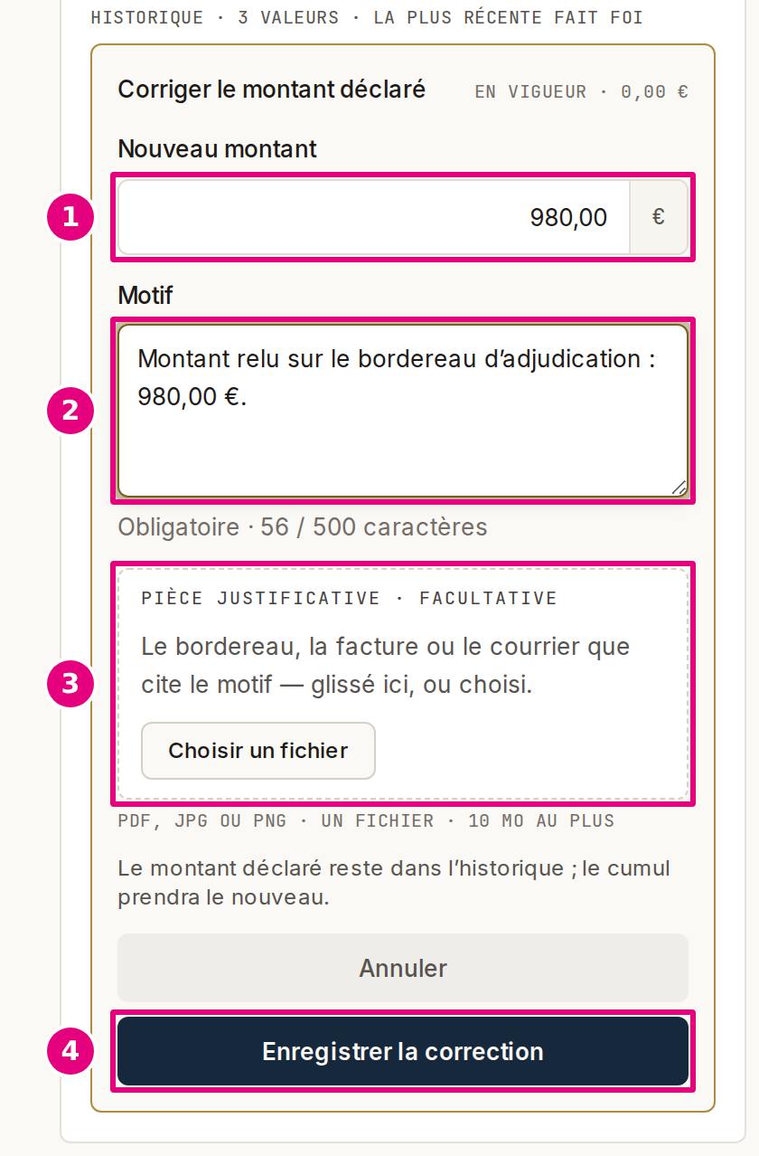 La correction d’un montant déclaré, ouverte sur la fiche d’une personne : le nouveau montant, le motif et son compteur, la zone de la pièce justificative, et le bouton « Enregistrer la correction ».