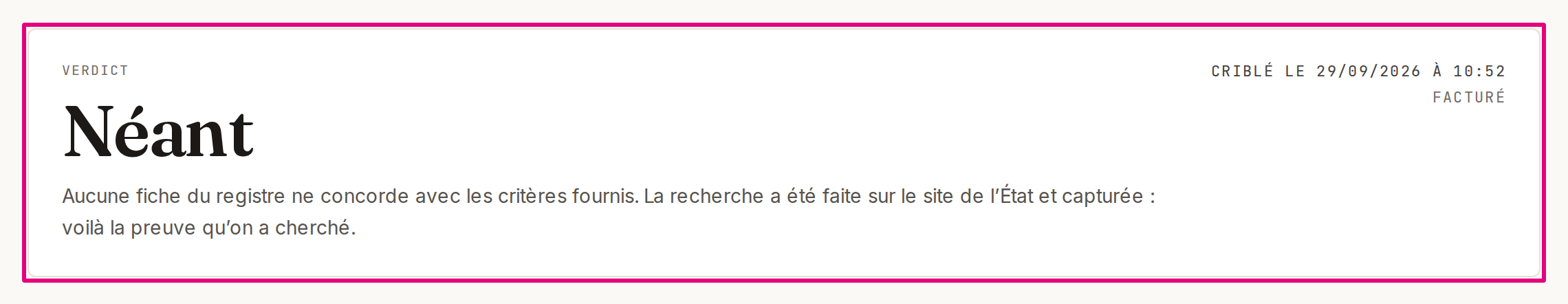 Le constat d’une vérification sans concordance : le mot « Néant » et la phrase qui dit que la recherche a été faite.