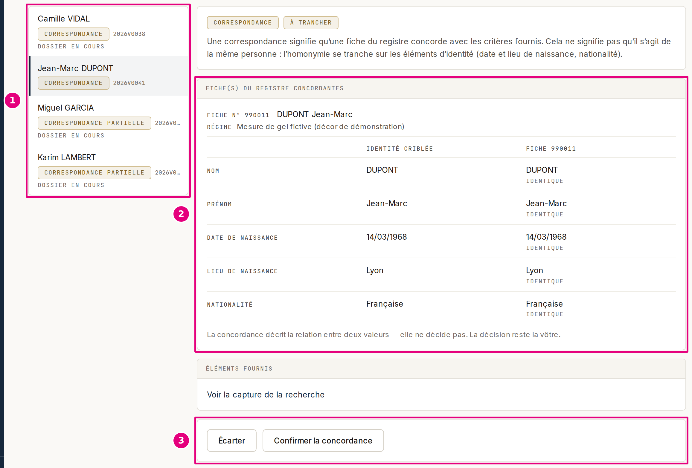 La file des concordances : la personne choisie dans la liste, sa confrontation avec la fiche du registre, et les boutons de décision.