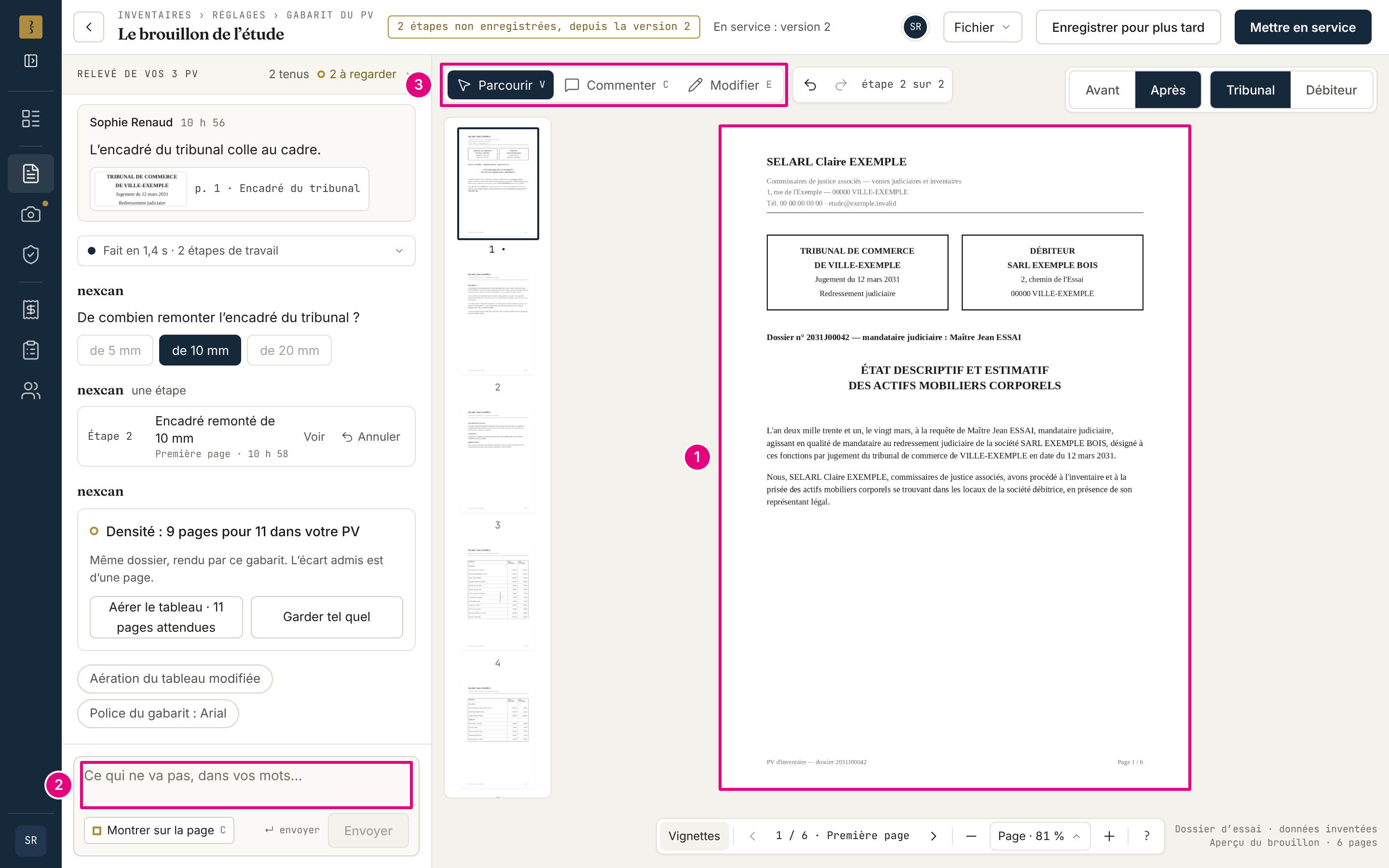 L’atelier du gabarit : la page du PV d’essai, le fil avec sa zone de remarque, et les modes Parcourir, Commenter, Modifier.