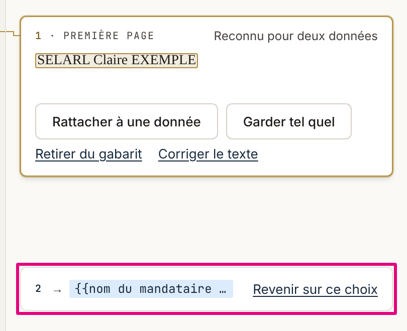 La colonne « À décider » : la carte n° 1 ouverte, puis la carte n° 2, rattachée, repliée sur une ligne — son numéro, « → » et la donnée rattachée — et le lien « Revenir sur ce choix ».