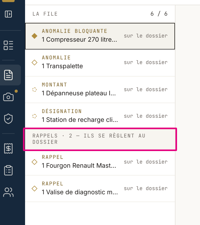 La liste des points de la file : une anomalie bloquante, une anomalie, deux doutes, puis la rubrique « Rappels · 2 — ils se règlent au dossier » et ses deux rappels.