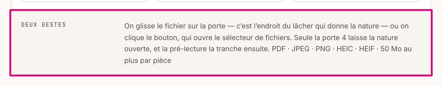 Sous les portes d’un dossier sans pièce, la rangée « Deux gestes » : glisser ou cliquer, puis « PDF · JPEG · PNG · HEIC · HEIF · 50 Mo au plus par pièce ».
