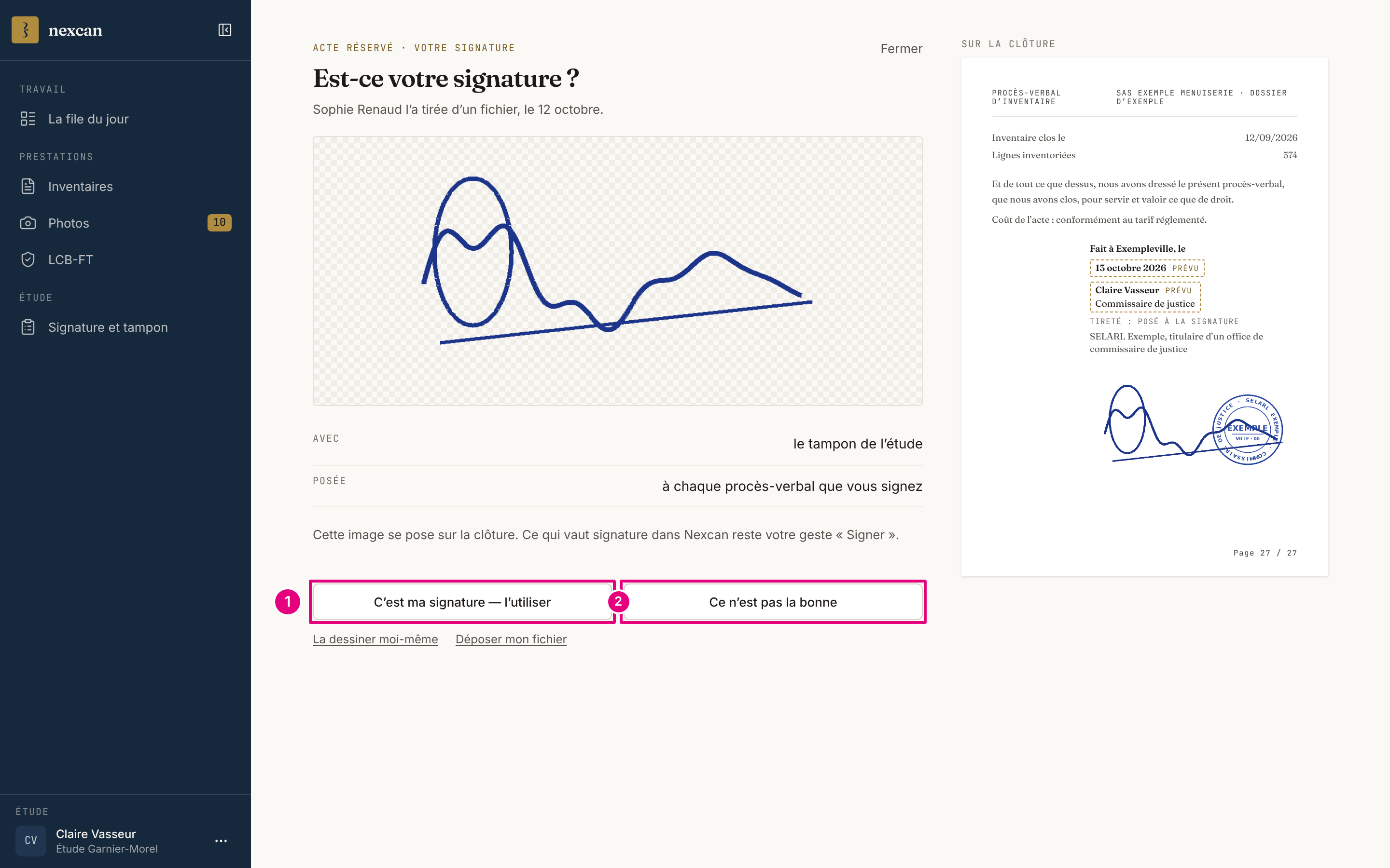 Ma signature, à valider : la signature déposée par l’étude, son aperçu sur la clôture, « C’est ma signature — l’utiliser » et « Ce n’est pas la bonne ».
