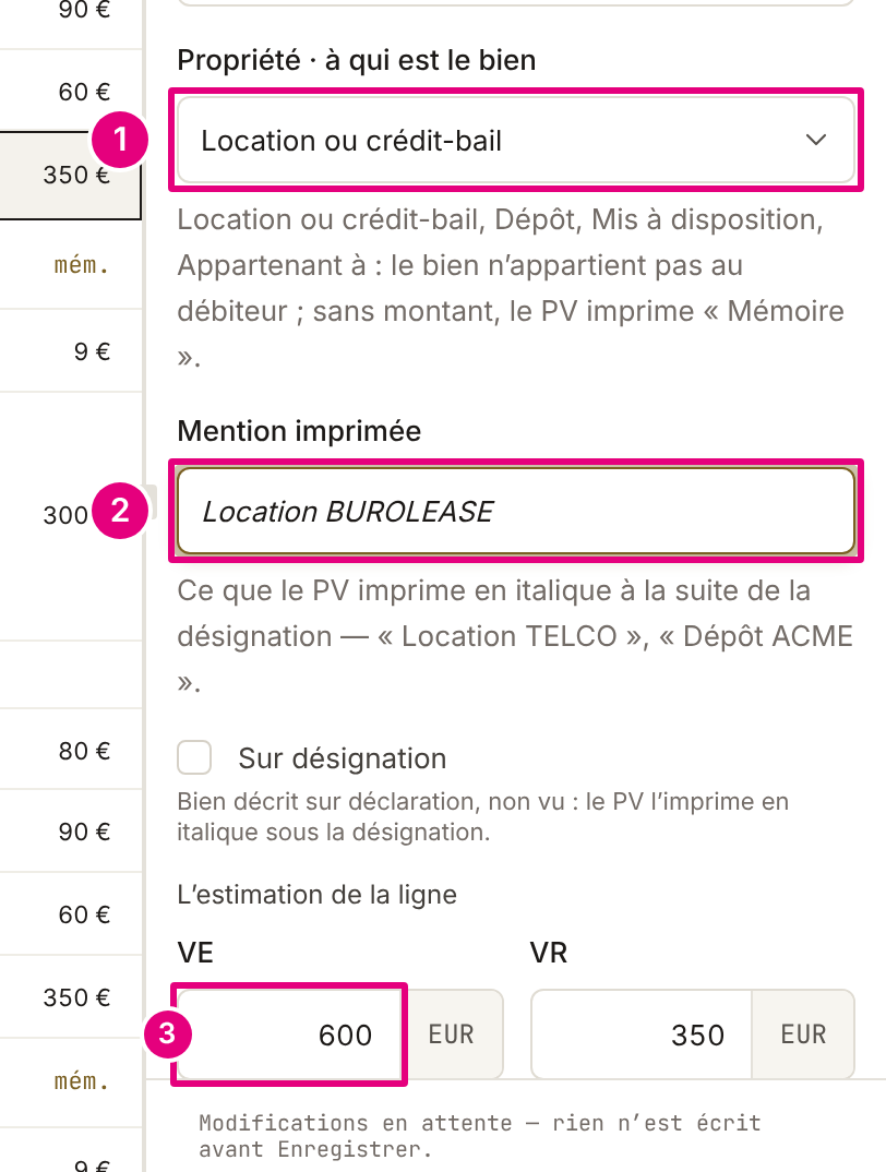 Le volet d’une ligne louée : « Propriété · à qui est le bien » sur « Location ou crédit-bail », le champ « Mention imprimée » en italique, et les champs VE et VR.