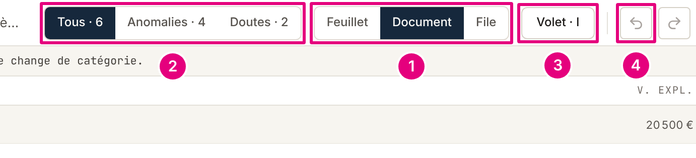 La barre de tête de la revue : les filtres Tous, Anomalies et Doutes avec leur nombre, les vues Feuillet, Document et File, « Volet · I » et les flèches d’annulation.