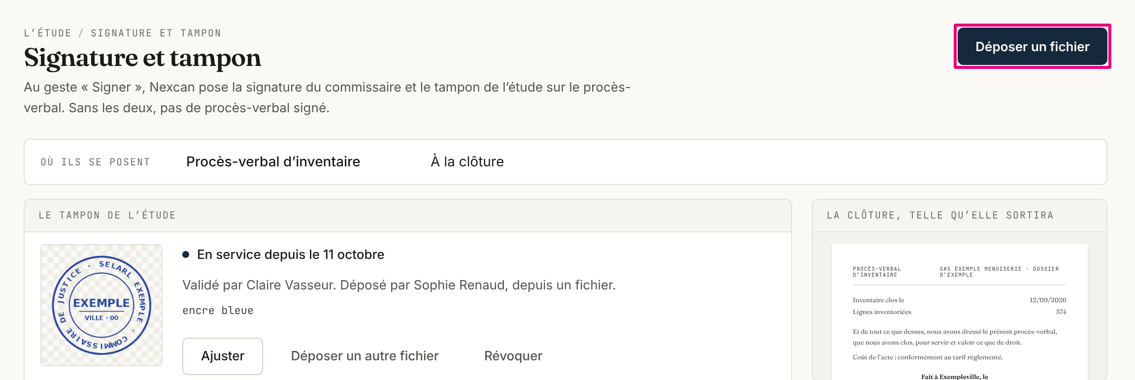 La page Signature et tampon : le tampon de l’étude, les signatures des commissaires, et « Déposer un fichier ».
