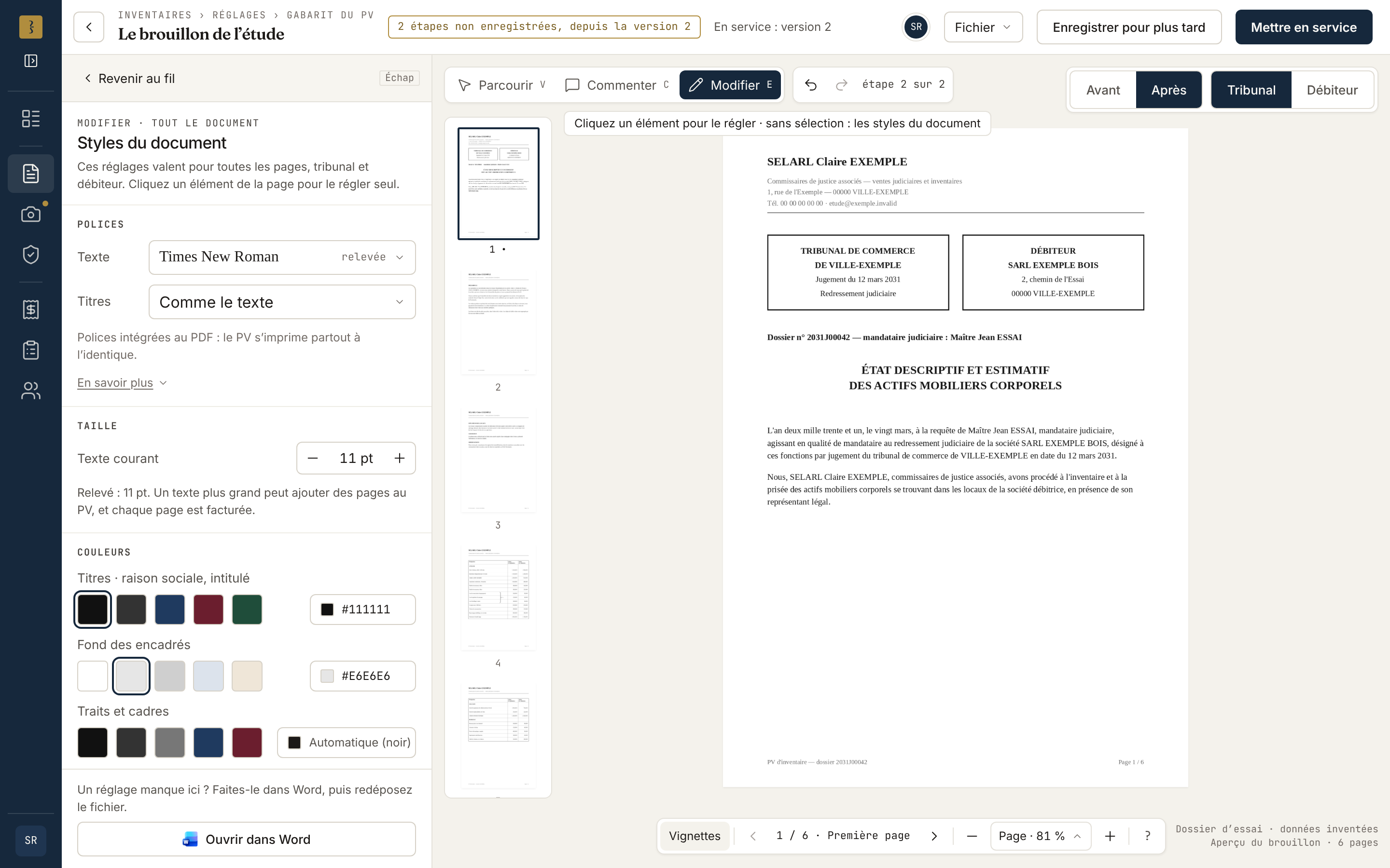 L’atelier du gabarit en mode Modifier, sans élément choisi : à gauche, les styles du document — polices du texte et des titres, tailles, couleurs, réglages du PV — ; à droite, la page du PV d’essai.