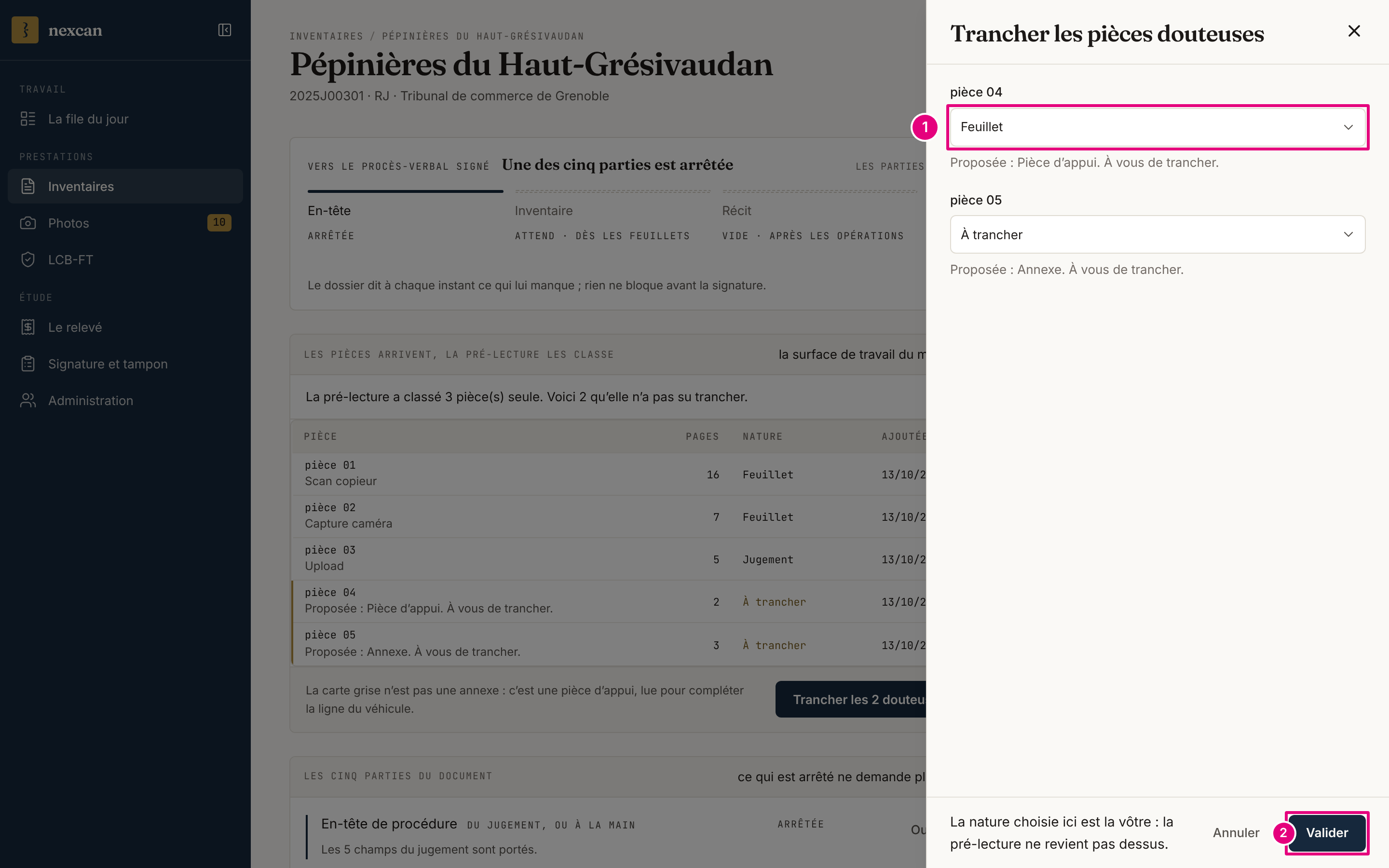 Le volet « Trancher les pièces douteuses » : pour chaque pièce, une liste des natures et la proposition de la pré-lecture ; « Feuillet » choisi pour la première ; « Annuler » et « Valider » au pied.