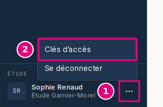 Le menu « Compte » ouvert en bas de la barre de navigation : « Clés d’accès » et « Se déconnecter ».