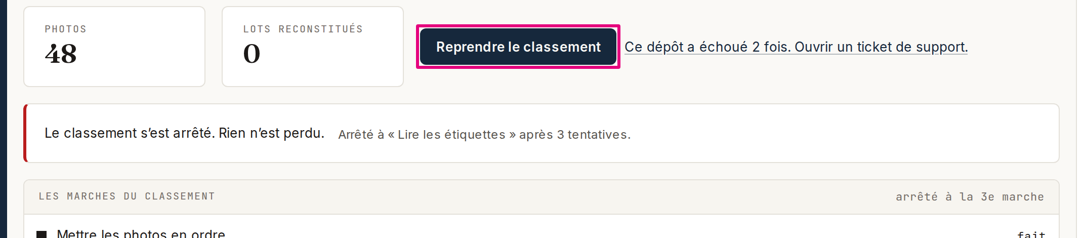 Un classement arrêté : le message d’arrêt et le bouton « Reprendre le classement ».