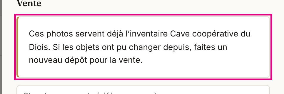 La section « Vente » d’un dépôt lié à un inventaire : « Ces photos servent déjà l’inventaire … », avant la liste des ventes.