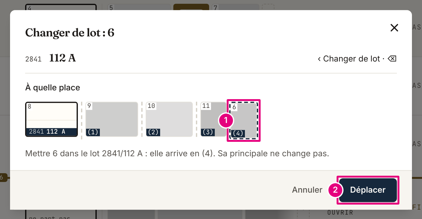 La fenêtre « Changer de lot » d’une photo : le lot choisi, la bande de ce lot avec la photo posée à la fin dans un cadre pointillé, la ligne d’aide et le bouton « Déplacer ».
