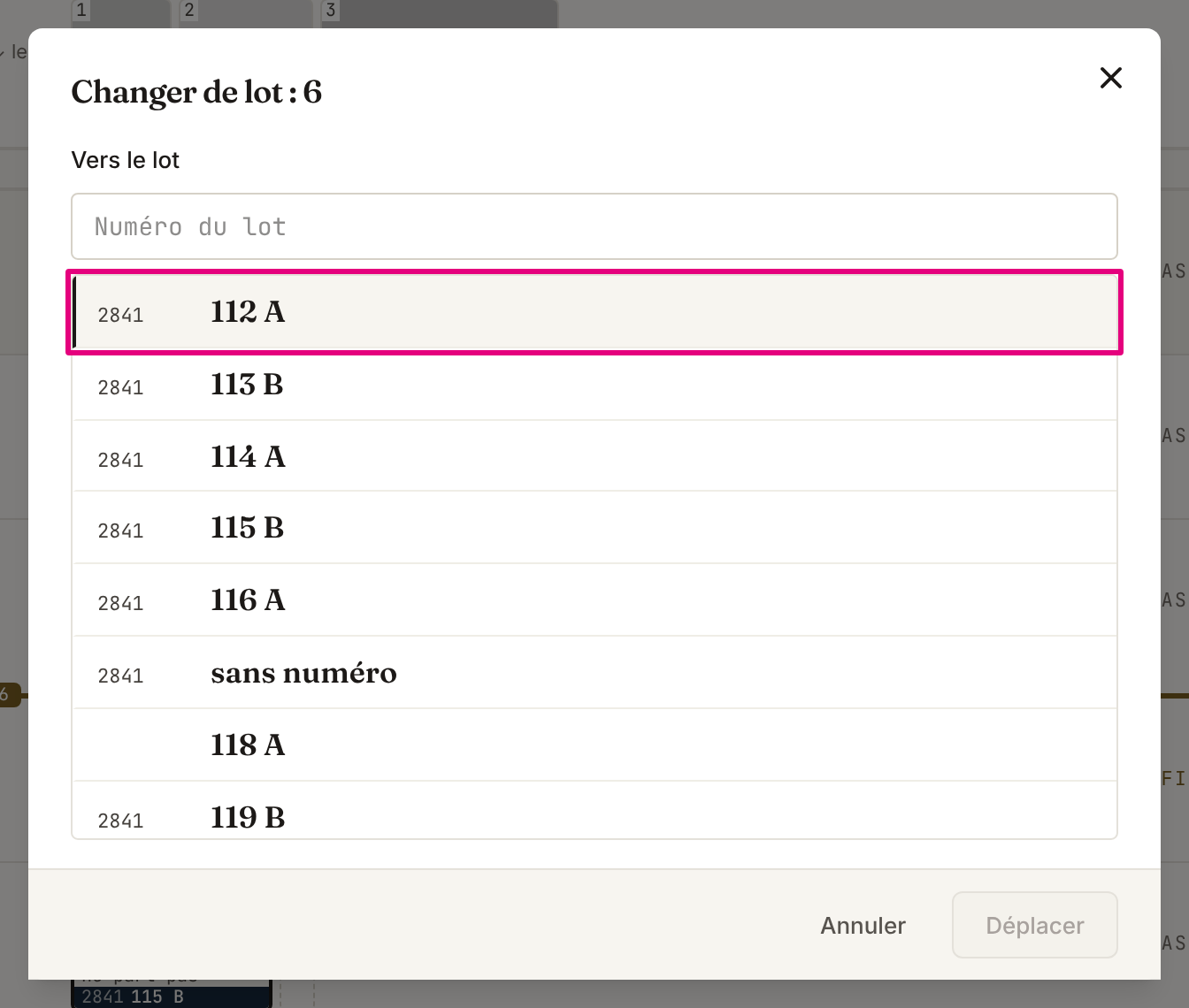 La fenêtre « Changer de lot », première étape : le champ « Numéro du lot » et la liste des autres lots du dépôt dans l’ordre du registre, le lot qui suit encadré.