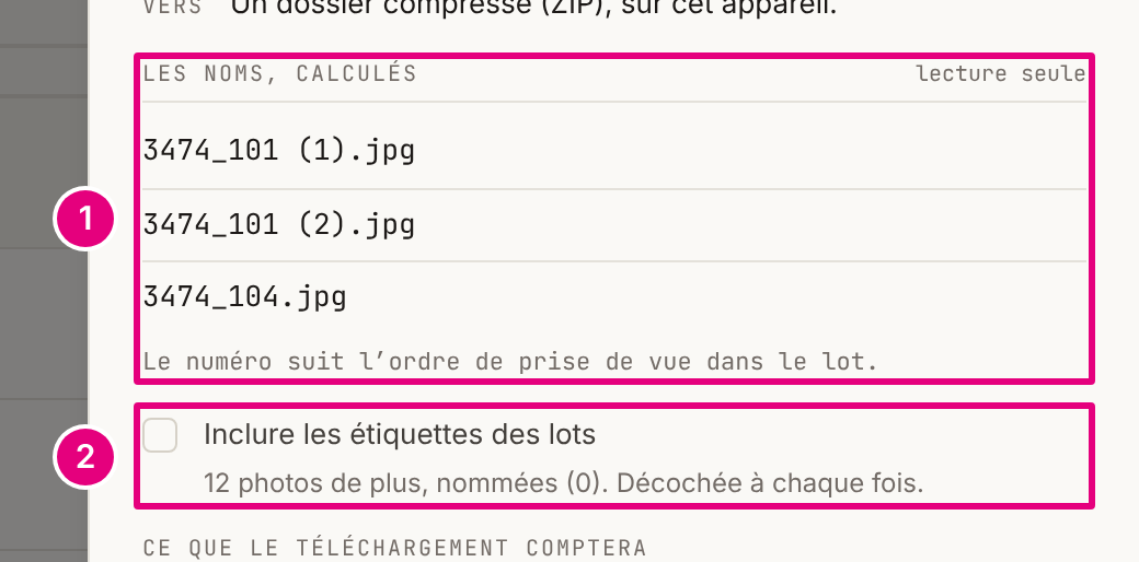 Le volet « Télécharger les photos » : les noms calculés, puis la case « Inclure les étiquettes des lots ».