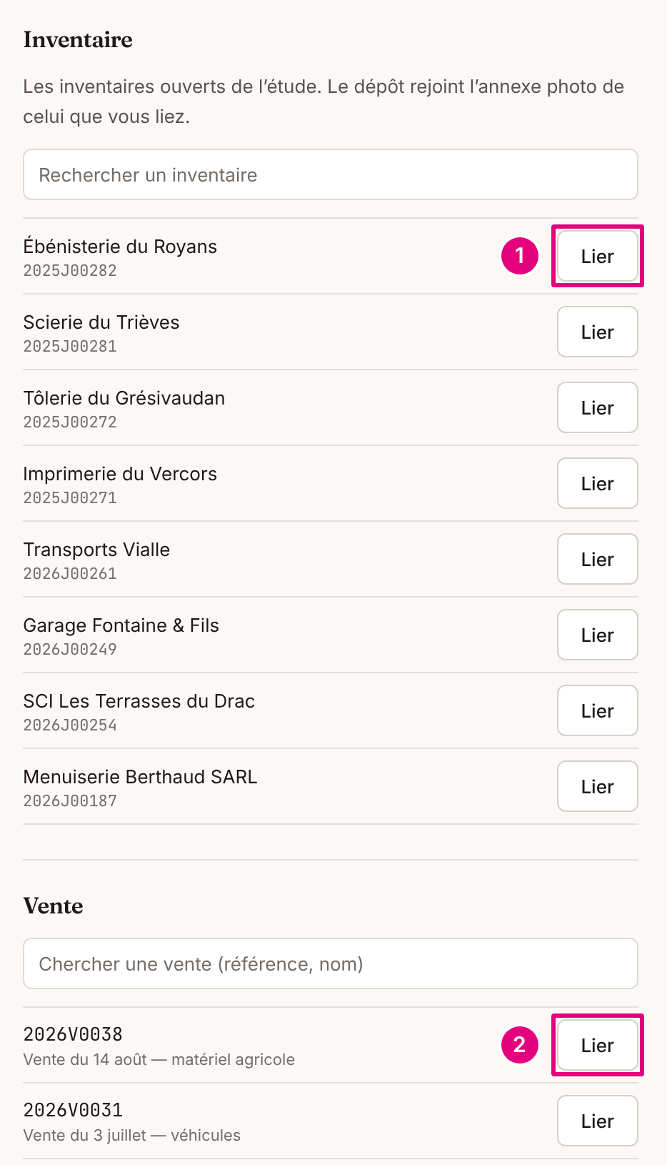 Le volet « Lier ce dépôt » : la section « Inventaire » avec ses inventaires ouverts, puis la section « Vente » avec les ventes de l’étude.