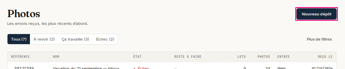 La liste des dépôts de photos, avec le bouton « Nouveau dépôt » en haut.