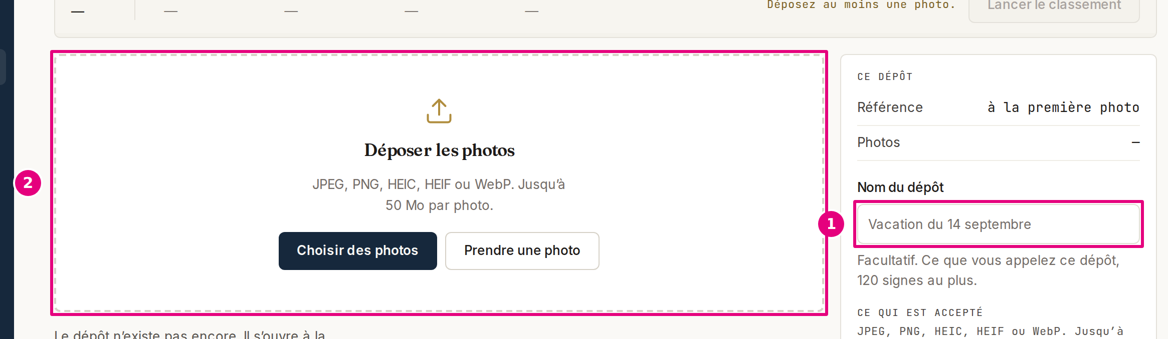 L’écran « Déposer des photos » : le champ du nom du dépôt, puis la zone de dépôt des photos.