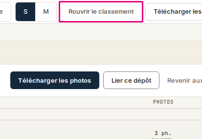 Un dépôt validé : « Rouvrir le classement », en tête au poste, dans la bande « Classement validé par … » au téléphone.