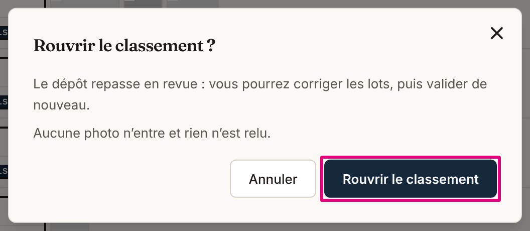 La fenêtre « Rouvrir le classement ? » : ce qui change, puis « Annuler » et « Rouvrir le classement ».