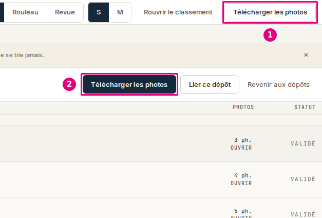Un dépôt validé : le bouton « Télécharger les photos » en tête de l’écran, et le même dans la bande « Classement validé par … ».