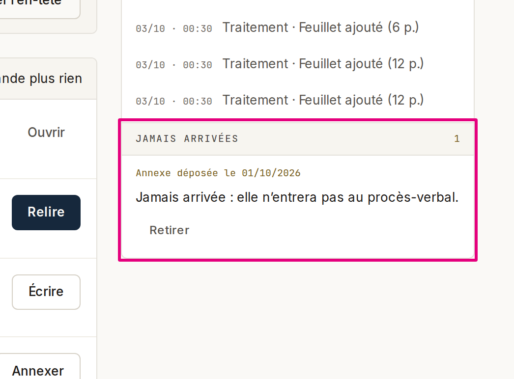 Le rail du dossier, rubrique « Jamais arrivées » : « Annexe déposée le … », « Jamais arrivée : elle n’entrera pas au procès-verbal. », et le geste « Retirer ».