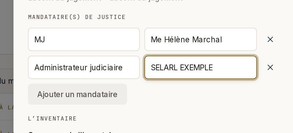 Le bloc « Mandataire(s) de justice » du volet : deux rangées, qualité et nom, chacune avec son geste « Retirer ce mandataire », puis « Ajouter un mandataire ».