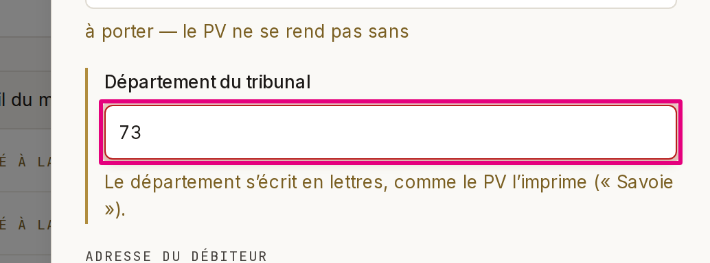 Le volet après un enregistrement refusé : « Rien n’a été enregistré » en tête, et sous « Département du tribunal », liseré laiton, « Le département s’écrit en lettres, comme le PV l’imprime (« Savoie »). »
