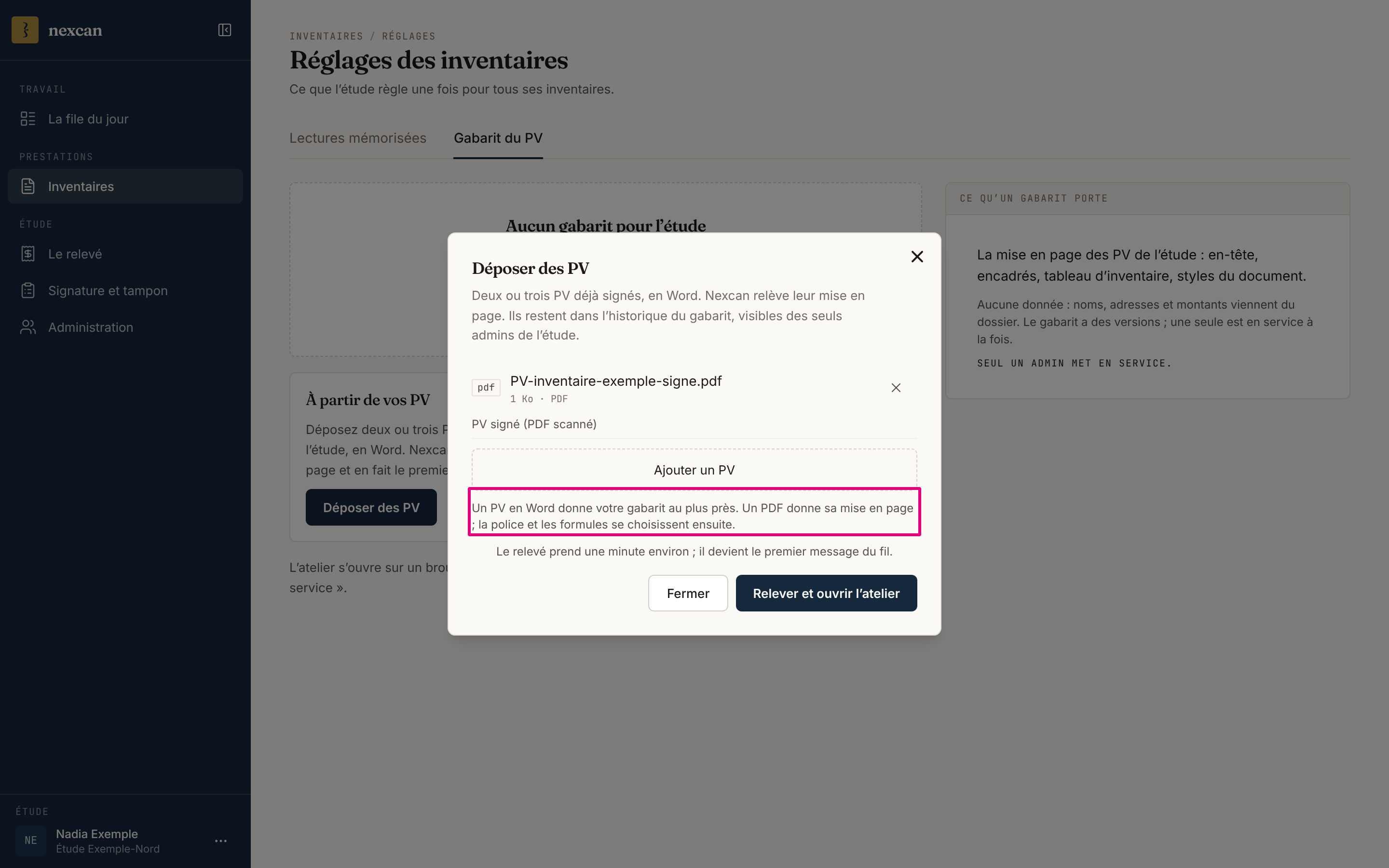 La fenêtre « Déposer des PV » : un PV signé en PDF choisi, et la phrase qui dit qu’un PDF donne la mise en page, la police et les formules se choisissant ensuite.