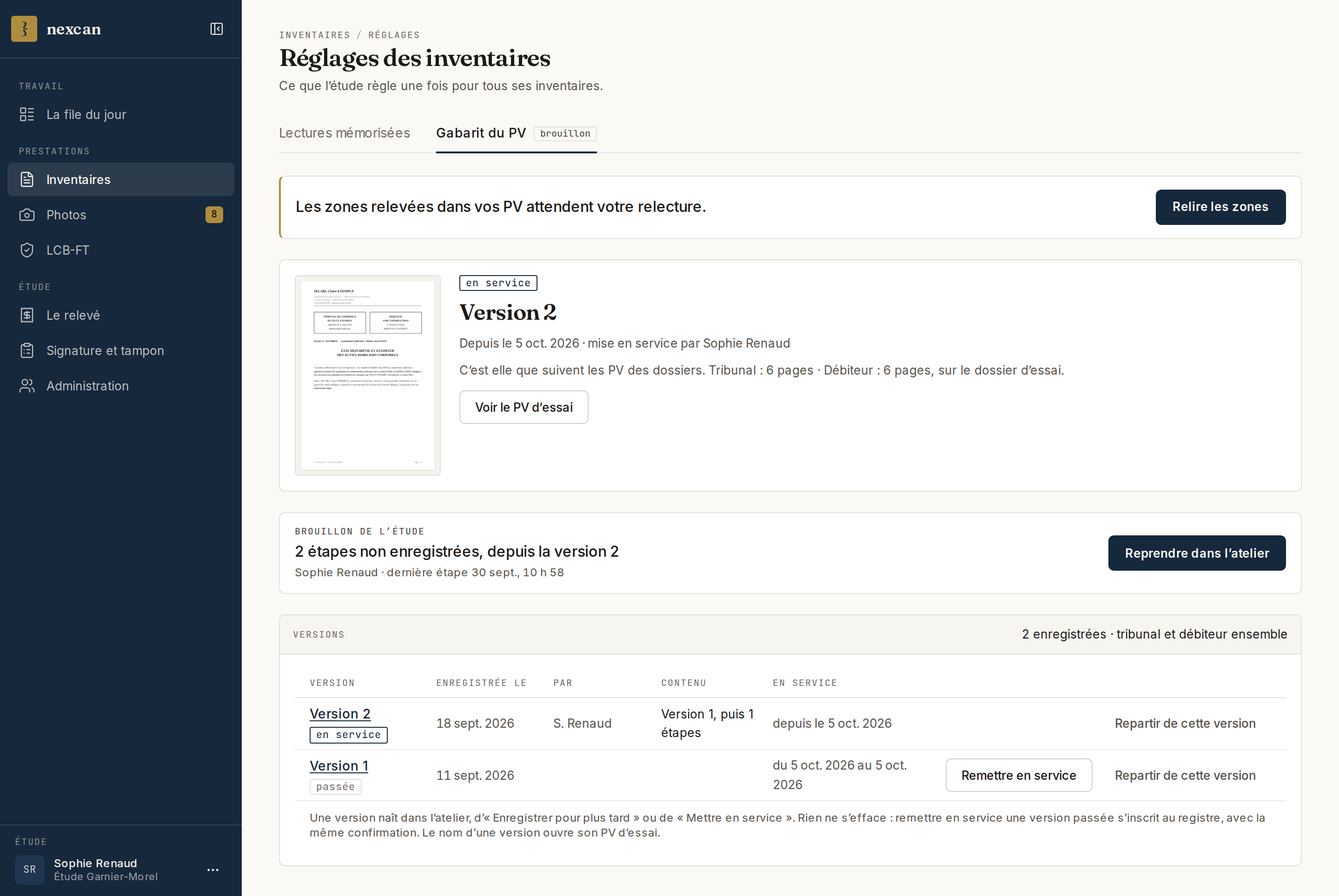 Inventaires › Réglages, onglet « Gabarit du PV » : la version en service avec la vignette de sa première page et « Voir le PV d’essai », le brouillon de l’étude avec « Reprendre dans l’atelier », puis la liste des versions enregistrées.