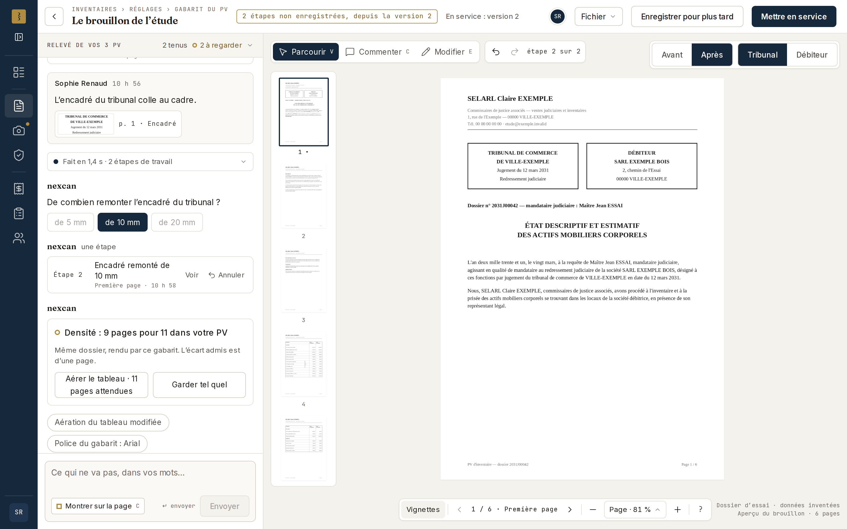 L’atelier du gabarit : à gauche le fil, où une remarque de l’étude devient une étape et où Nexcan pose une question à choix ; à droite la page du PV d’essai, avec ses vignettes, le zoom et les modes Parcourir, Commenter, Modifier.