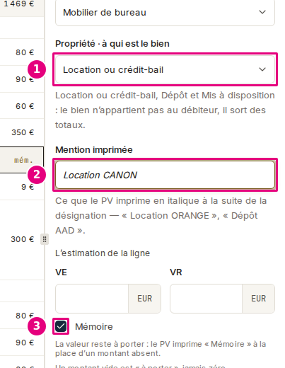 Le volet d’une ligne en revue : la propriété « Location ou crédit-bail », la mention imprimée « Location CANON » en italique, et la case « Mémoire » cochée sous l’estimation.