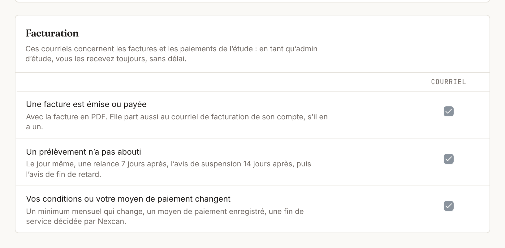 Le bloc « Facturation » de « Mes notifications » : une facture émise ou payée, un prélèvement qui n’a pas abouti, un changement de vos conditions, chacun coché « toujours » par courriel.