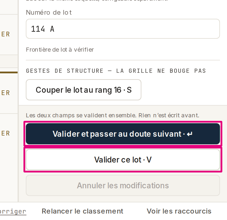 Le volet de l’étiquette d’un lot à vérifier : ses deux numéros, puis « Valider et passer au doute suivant » et « Valider ce lot ».