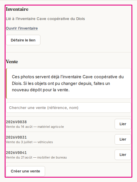 Le volet « Lier ce dépôt » d’un dépôt lié à un inventaire : la section « Vente » et son avertissement avant le second lien.