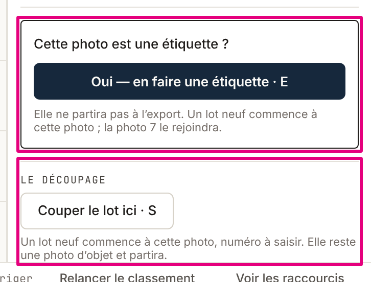 Le volet d’une photo d’objet : « Cette photo est une étiquette ? » avec « Oui — en faire une étiquette » et « Elle ne partira pas. », puis « Couper le lot ici », qui la laisse photo d’objet.