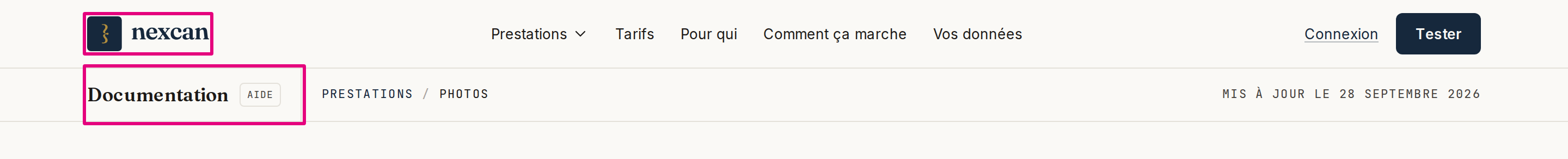 La barre de navigation du site au-dessus de la barre de la documentation : le logo et « Documentation » commencent sur la même verticale.