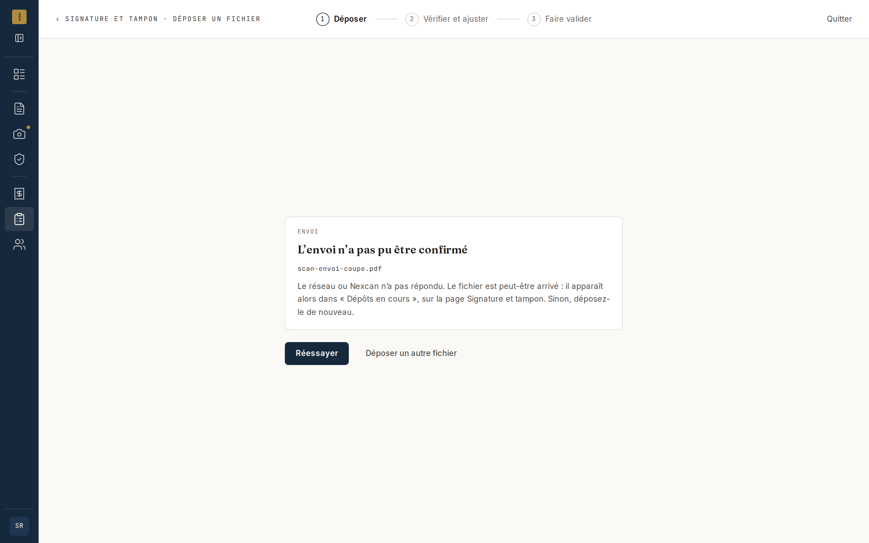 Un envoi dont la confirmation s’est perdue : « L’envoi n’a pas pu être confirmé », le nom du fichier, ce qu’il faut savoir, « Réessayer » et « Déposer un autre fichier ».