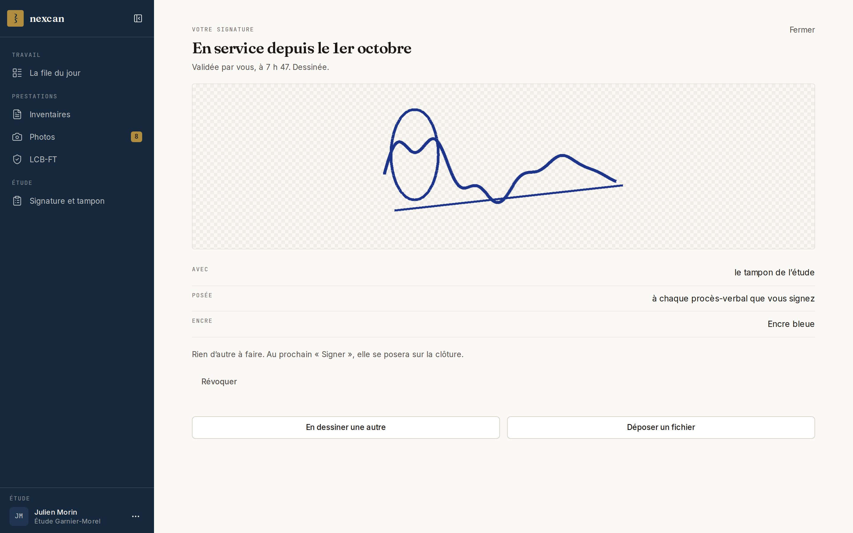 Une signature en service : depuis quand, sa source, avec quoi elle se pose, son encre, et « Révoquer ».