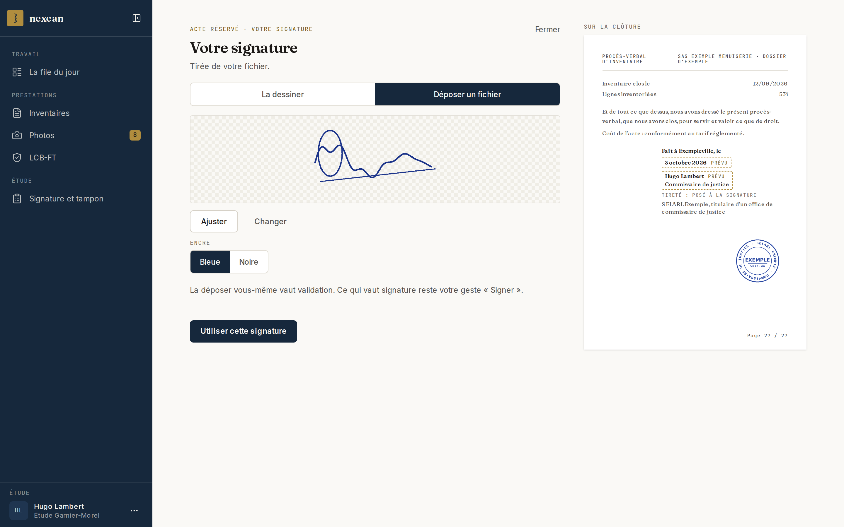 Sa propre signature tirée d’un fichier : l’image détourée, « Ajuster », « Changer », l’encre, et « Utiliser cette signature ».