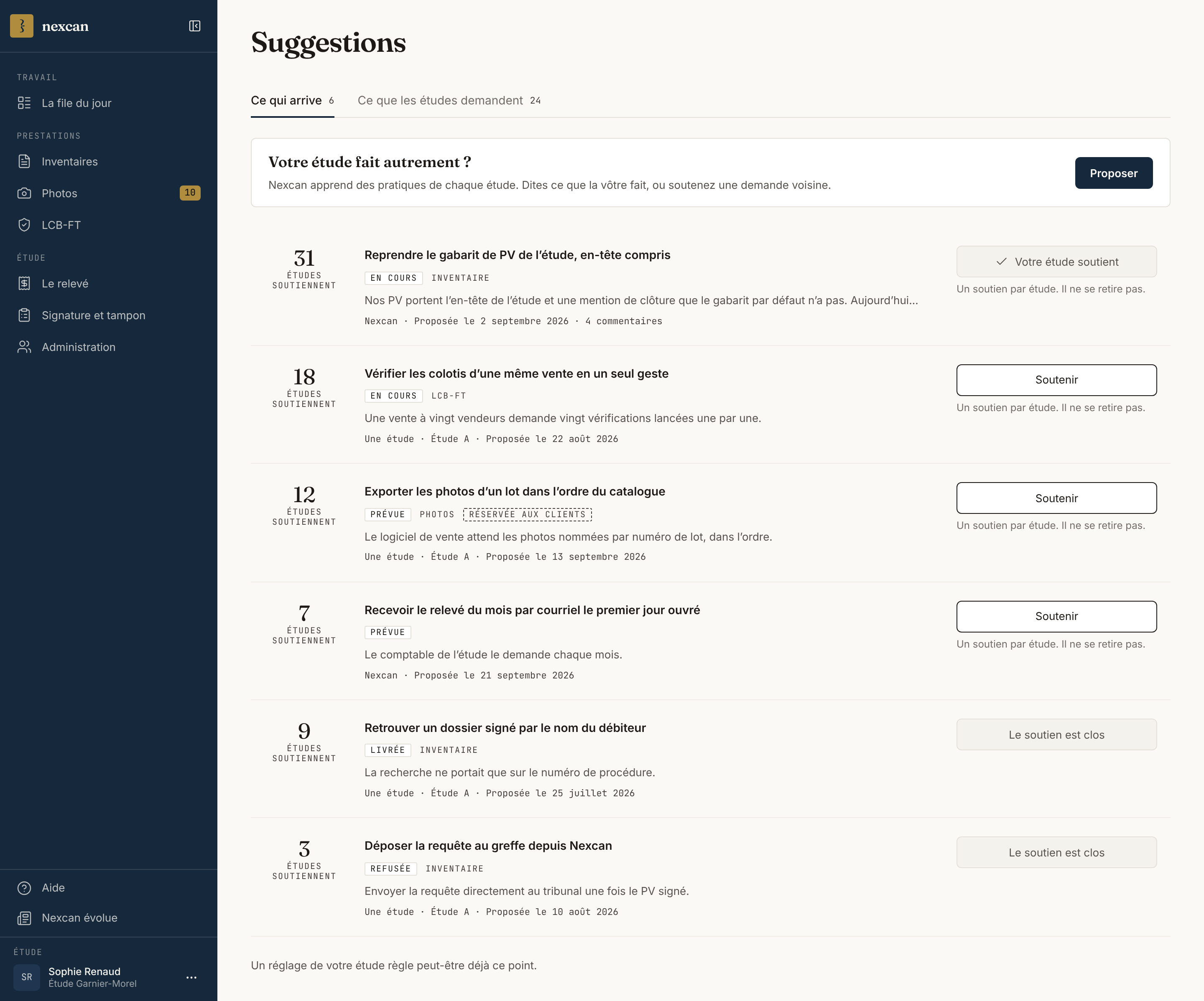 L’écran Suggestions de l’app : ce qui arrive, avec pour chaque demande le nombre d’études qui la soutiennent, son état et le bouton Soutenir.