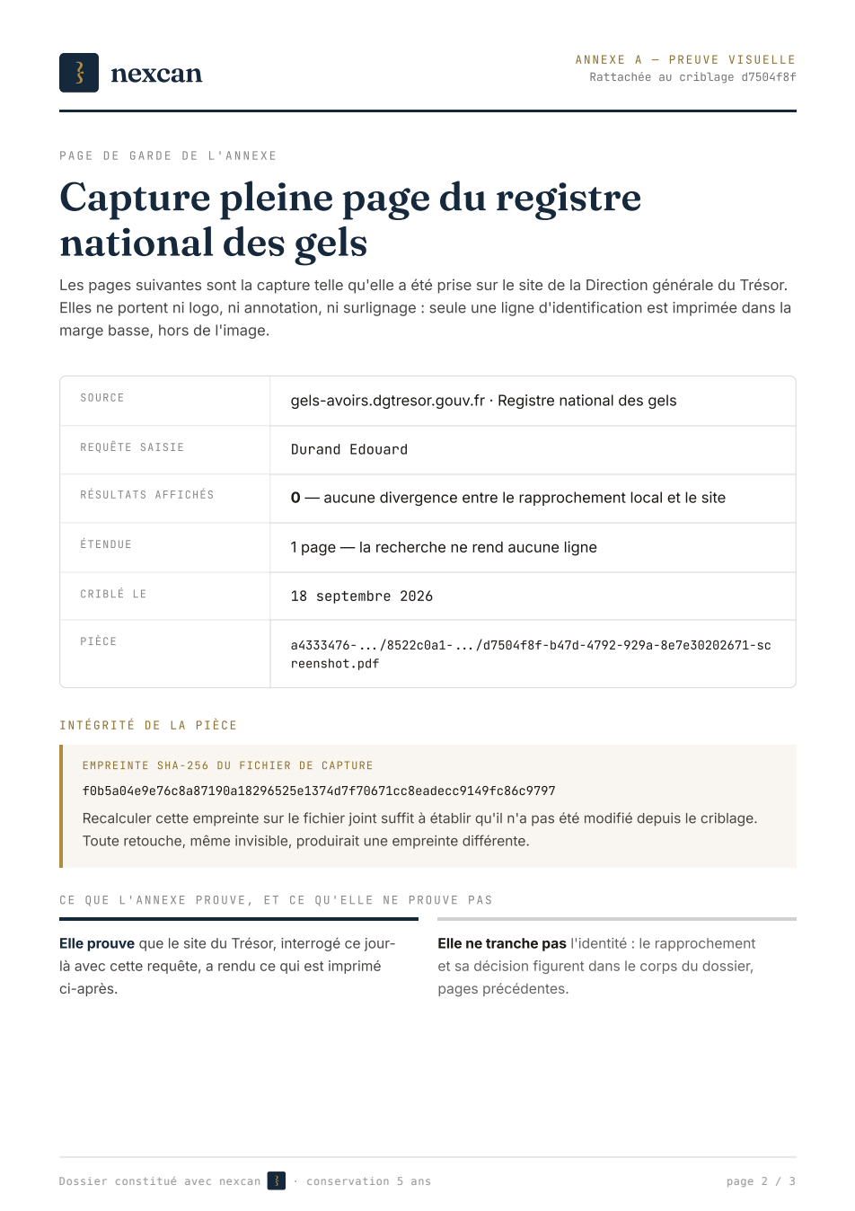 La page de garde de l’annexe : source, requête saisie, nombre de résultats, empreinte de la capture.