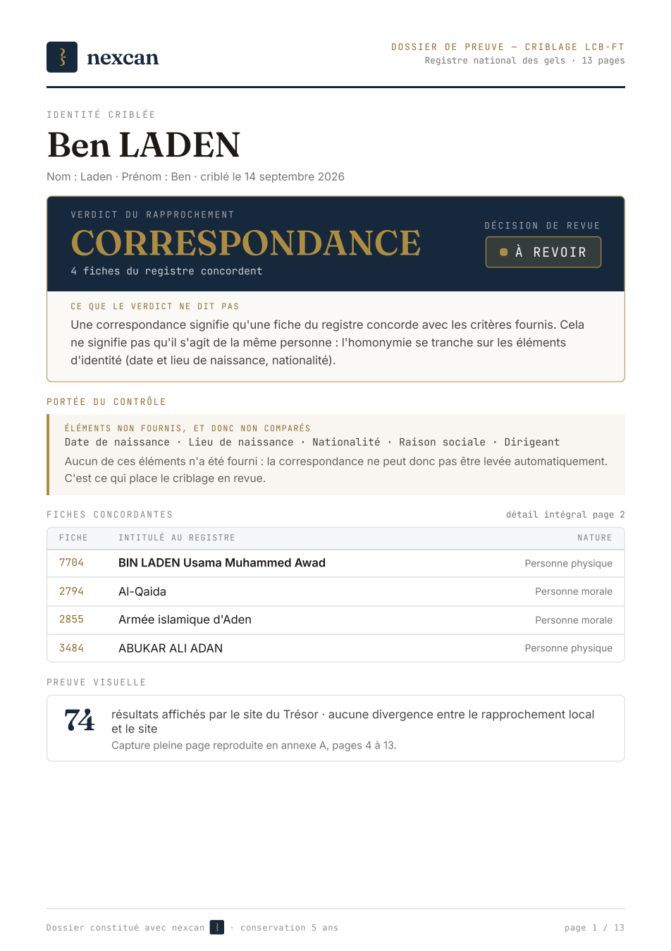 L’attestation d’une vérification à quatre fiches concordantes, avec le tableau des fiches.