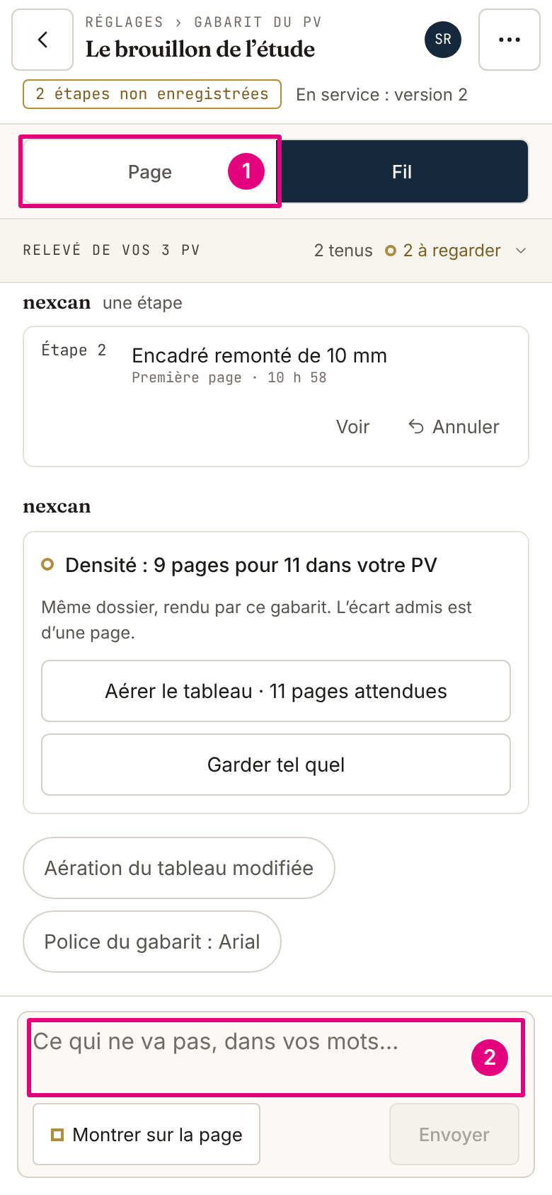 L’atelier du gabarit au téléphone : les onglets du fil et de la page, et la zone de remarque du fil.